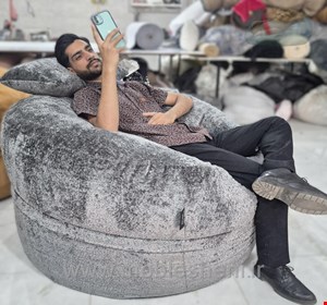 بین بگ الیافی گرد تک نفره سایز ۱۲۰ با پارچه تدی مبلی رنگ طوسی