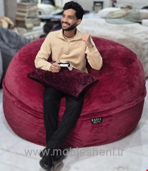 بین بگ الیافی گرد تک نفره سایز ۱۴۰ با پارچه خز سوپرسافت رنگ زرشکی