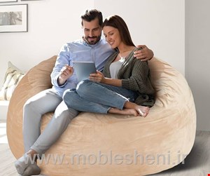 بین بگ،مبل شنی دونفره گرد باپارچه مخمل ضخیم کرم‌ رنگ