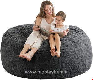 مبل شنی،بین بگ،راحتی تک‌نفره بزرگ گرد باپارچه خز تدی مشکی رنگ 