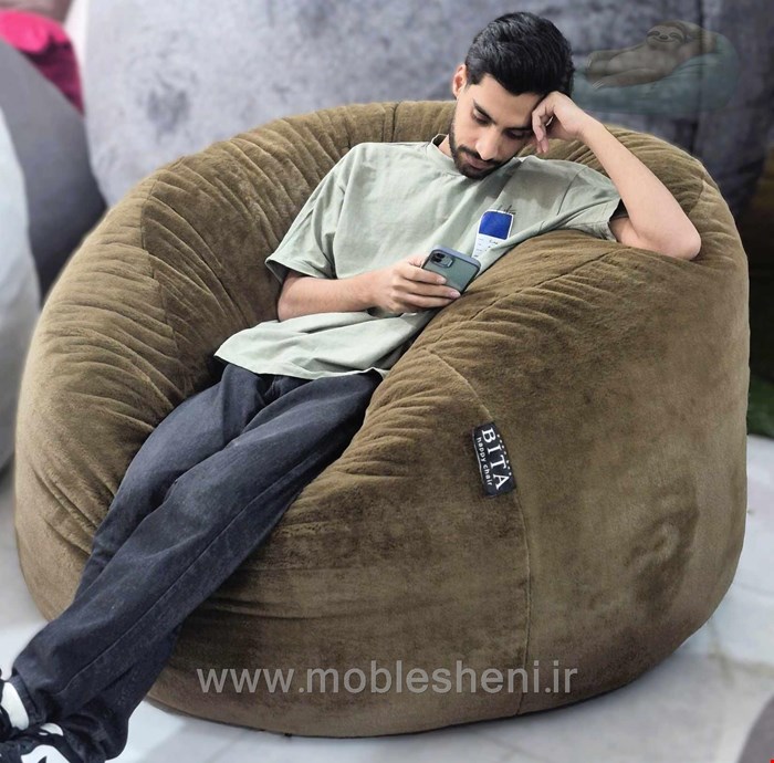  بین بگ الیافی گردتک نفره  قطر ۱۲۰با پارچه تدی مبلی قهوه ای 